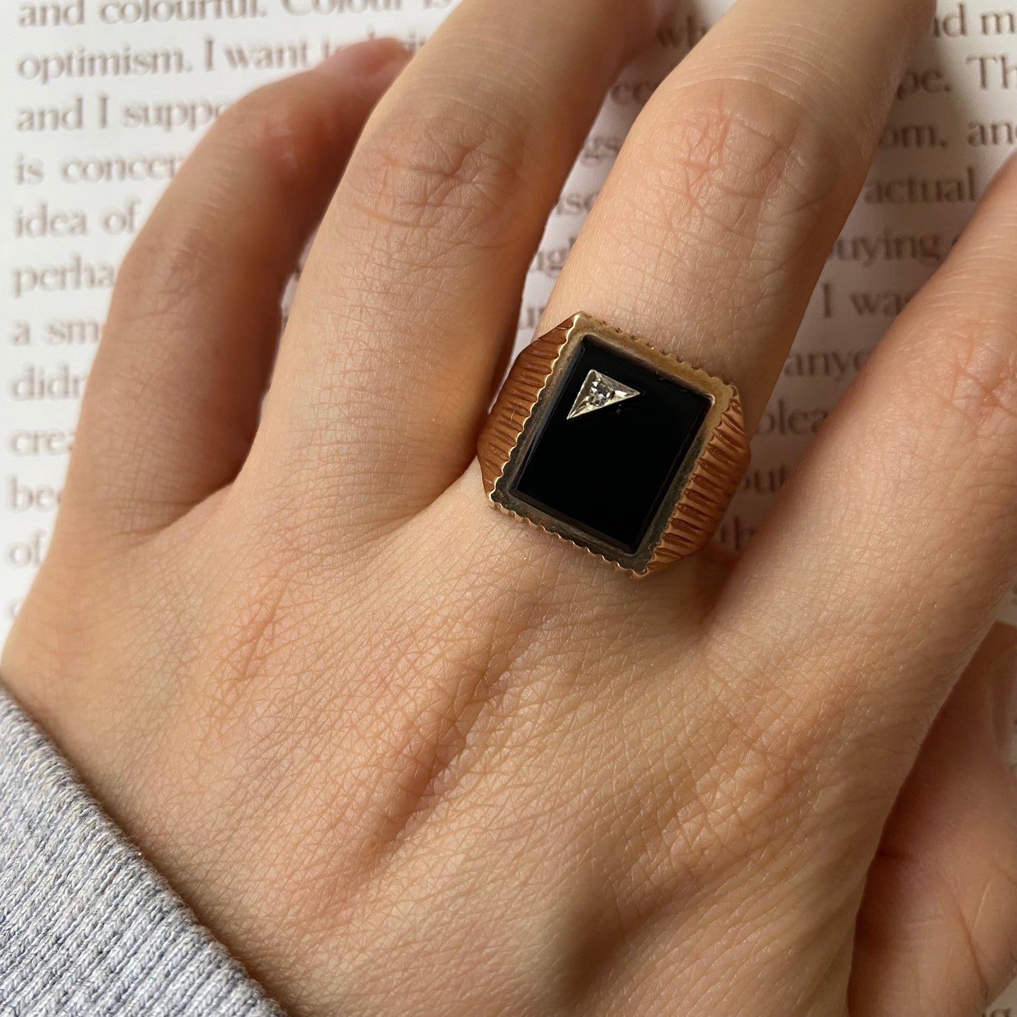9 carat bold onyx signet ring with small spinel
