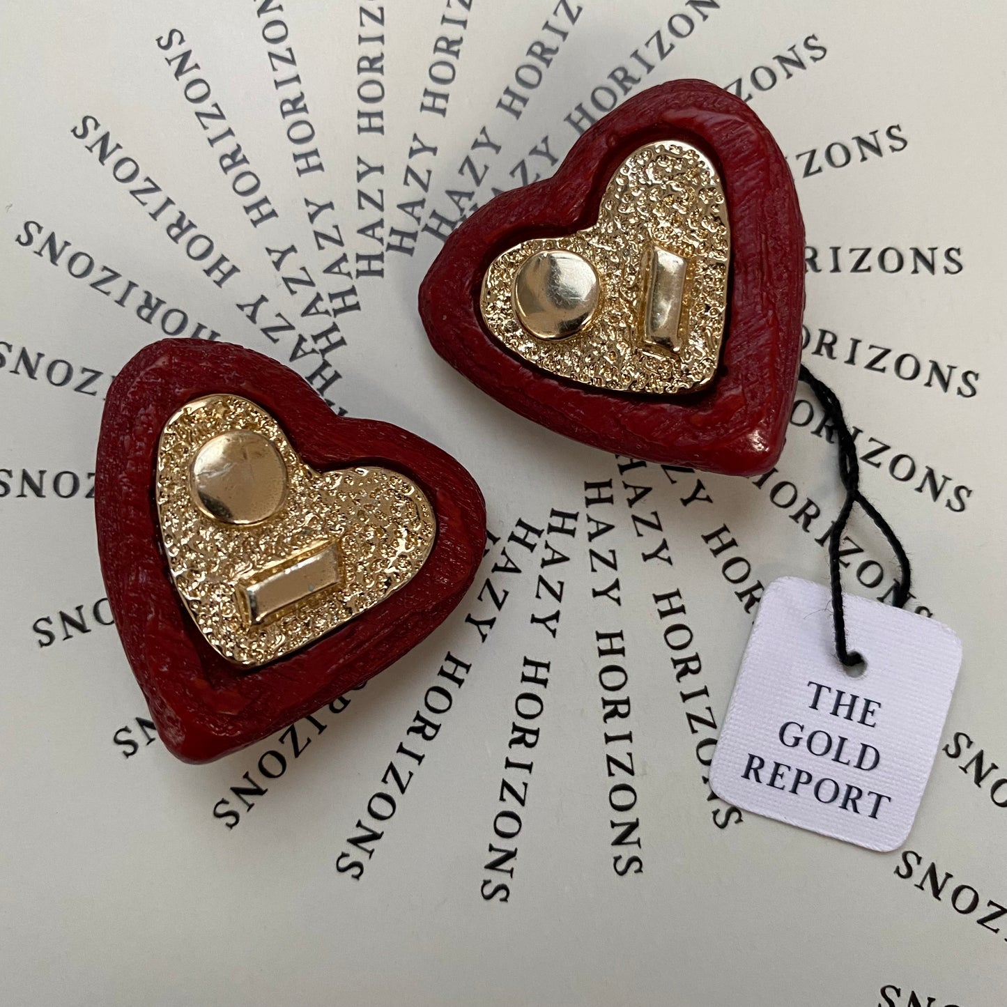 Vintage metal gold tone and red heart clip-on earrings