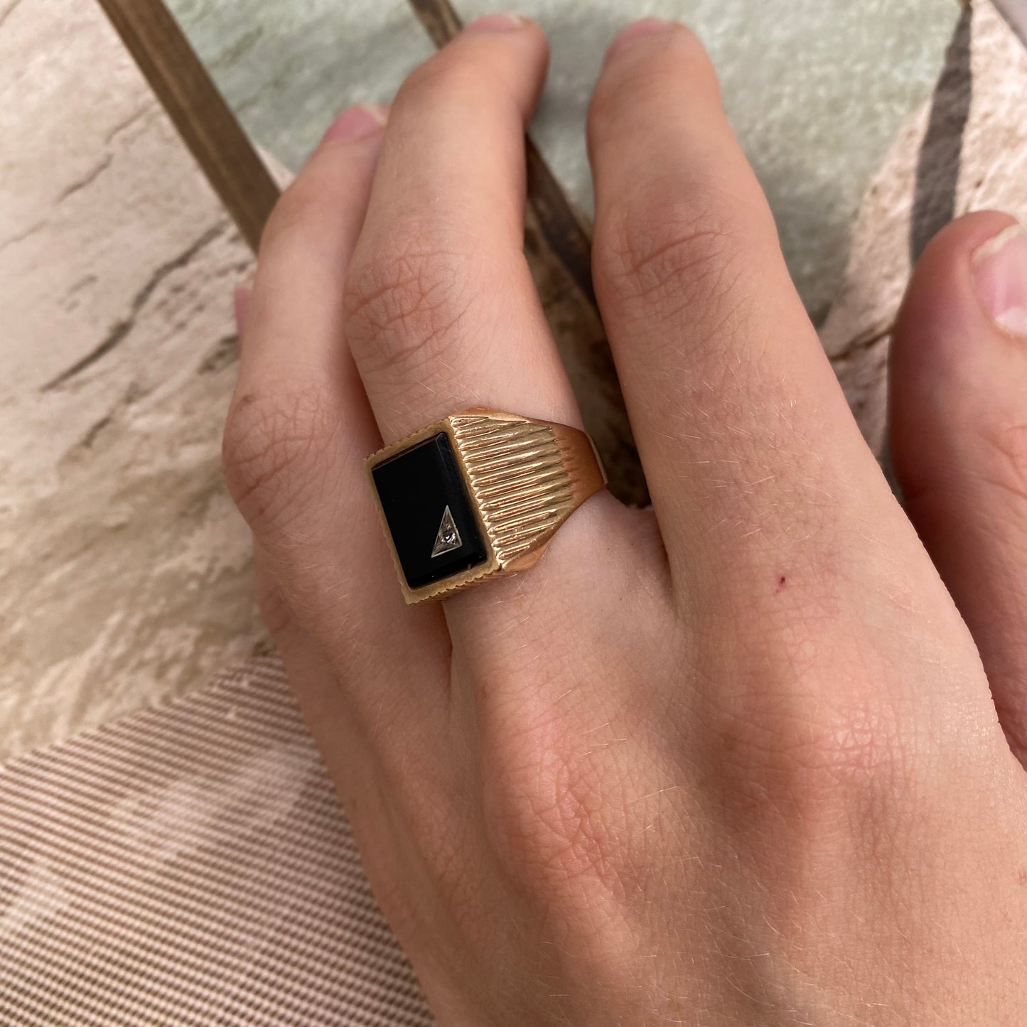 9 carat bold onyx signet ring with small spinel