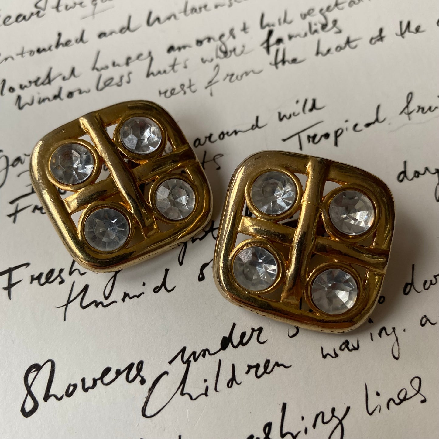 Vintage metal gold tone gemstone raster clip on earrings