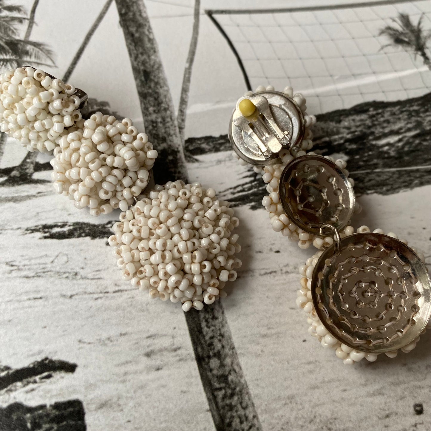 Vintage white beaded dangling dome clip on earrings