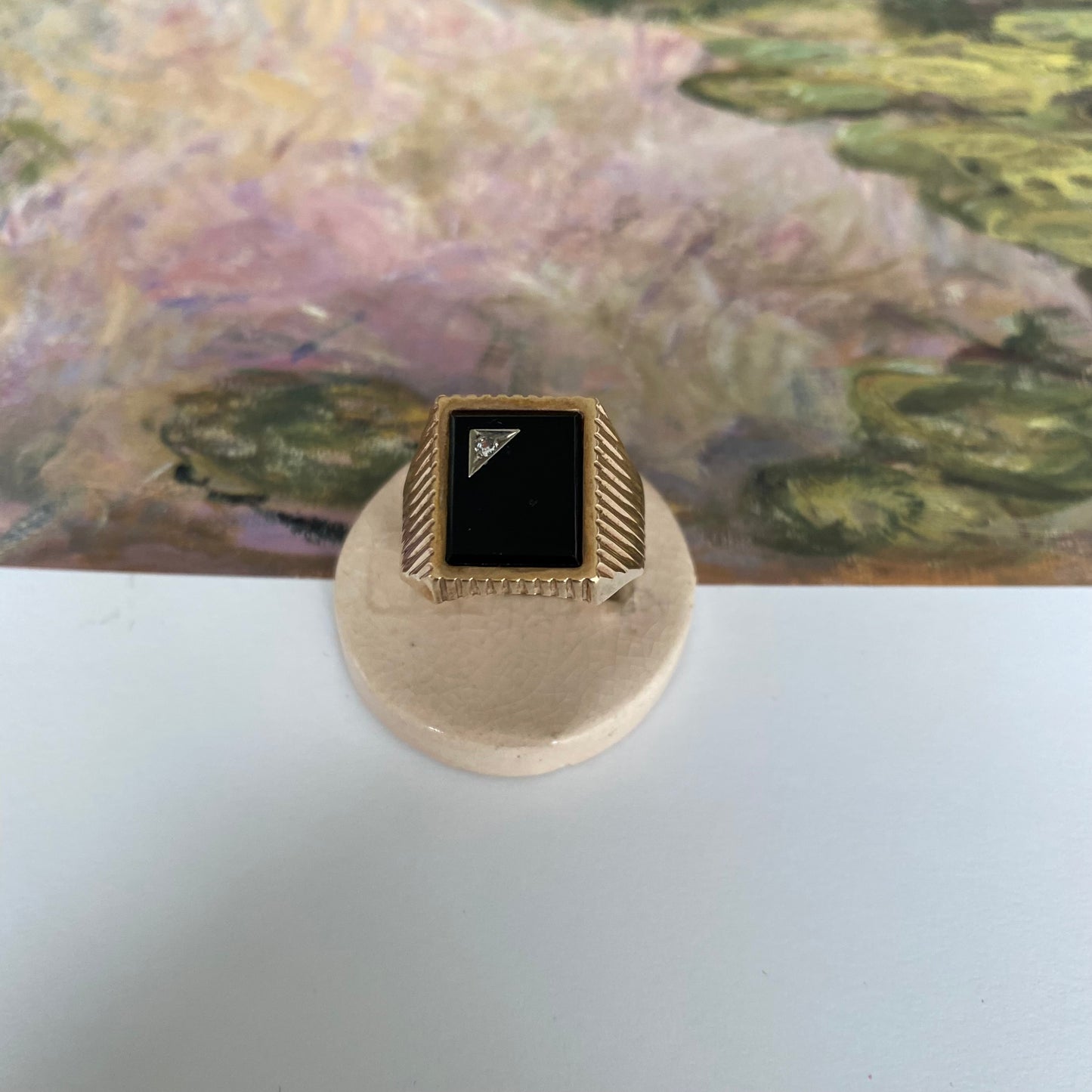 9 carat bold onyx signet ring with small spinel