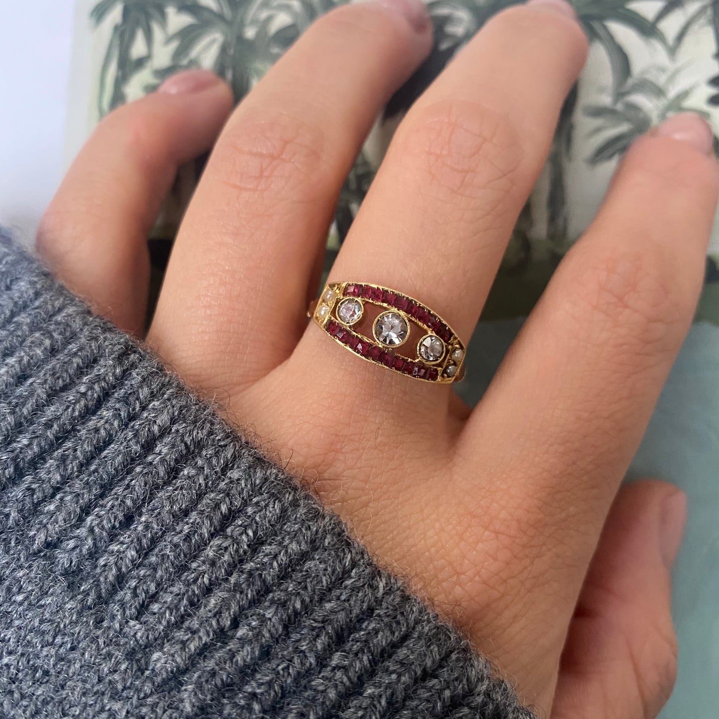 14 carat gold art deco ruby, pearl and CZ ring
