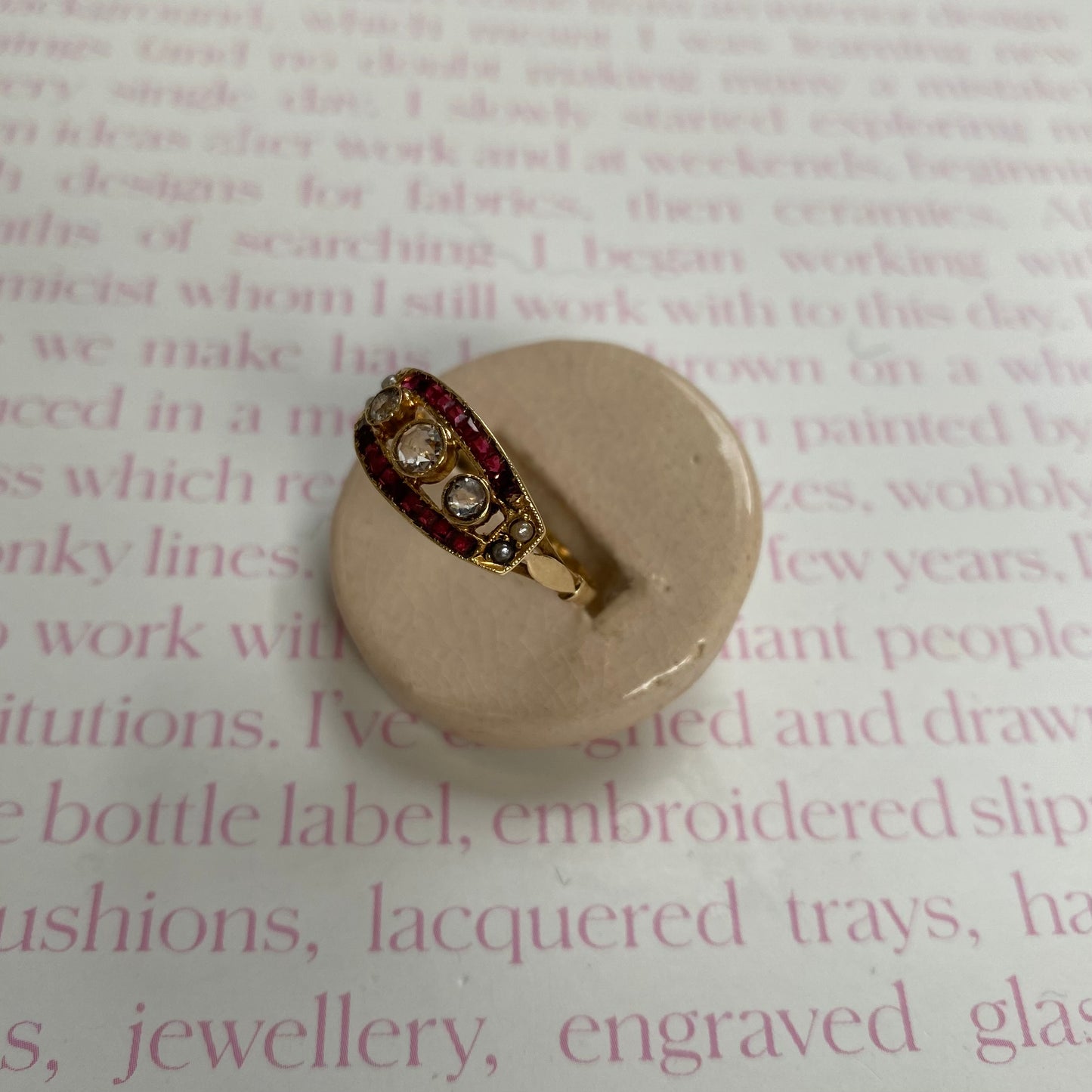 14 carat gold art deco ruby, pearl and CZ ring