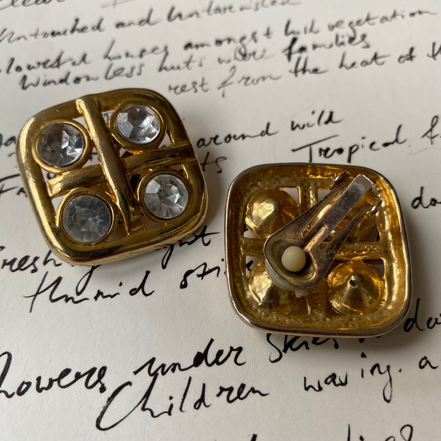 Vintage metal gold tone gemstone raster clip on earrings