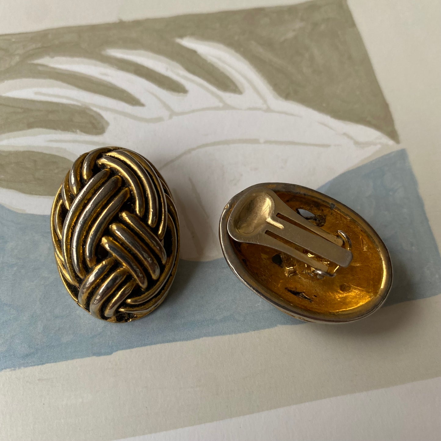 Vintage gold tone braided oval shape clip on earrings