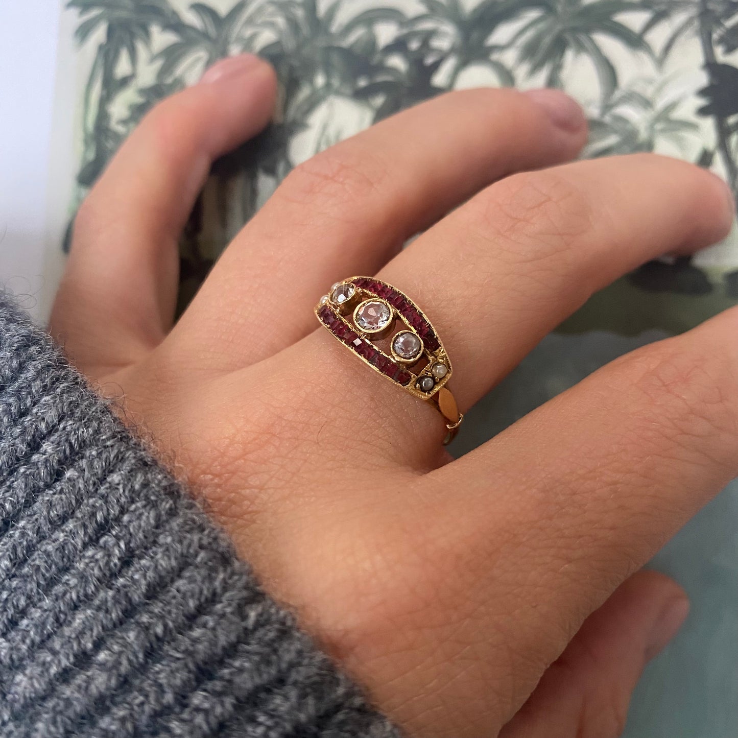 14 carat gold art deco ruby, pearl and CZ ring