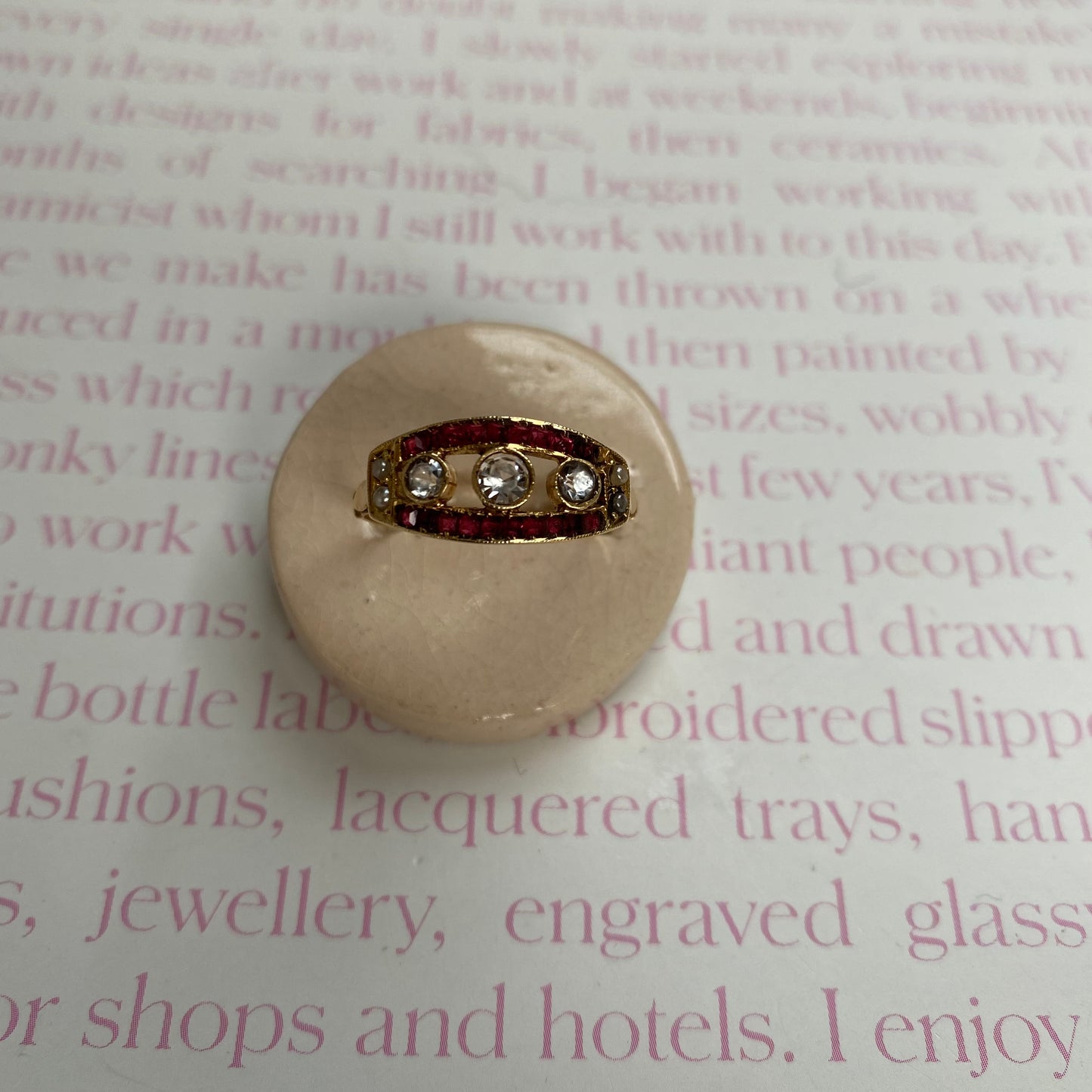 14 carat gold art deco ruby, pearl and CZ ring