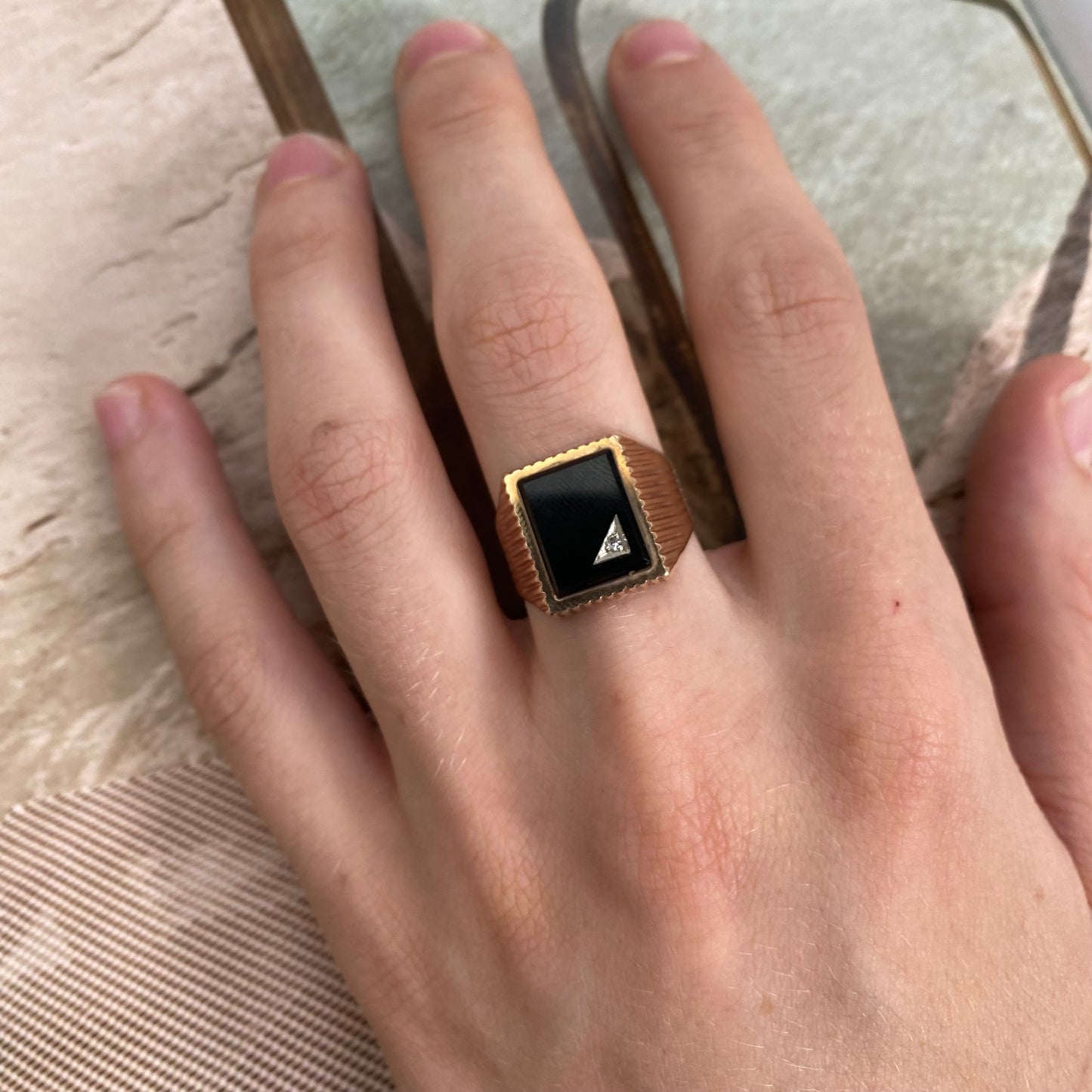 9 carat bold onyx signet ring with small spinel