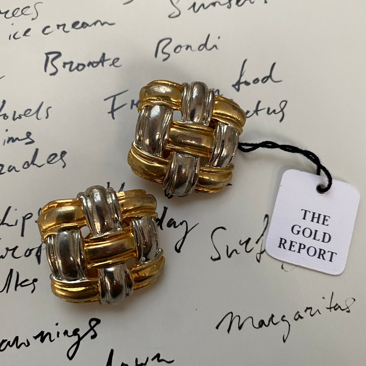 Vintage metal gold and silver tone basket weave clip-on earrings
