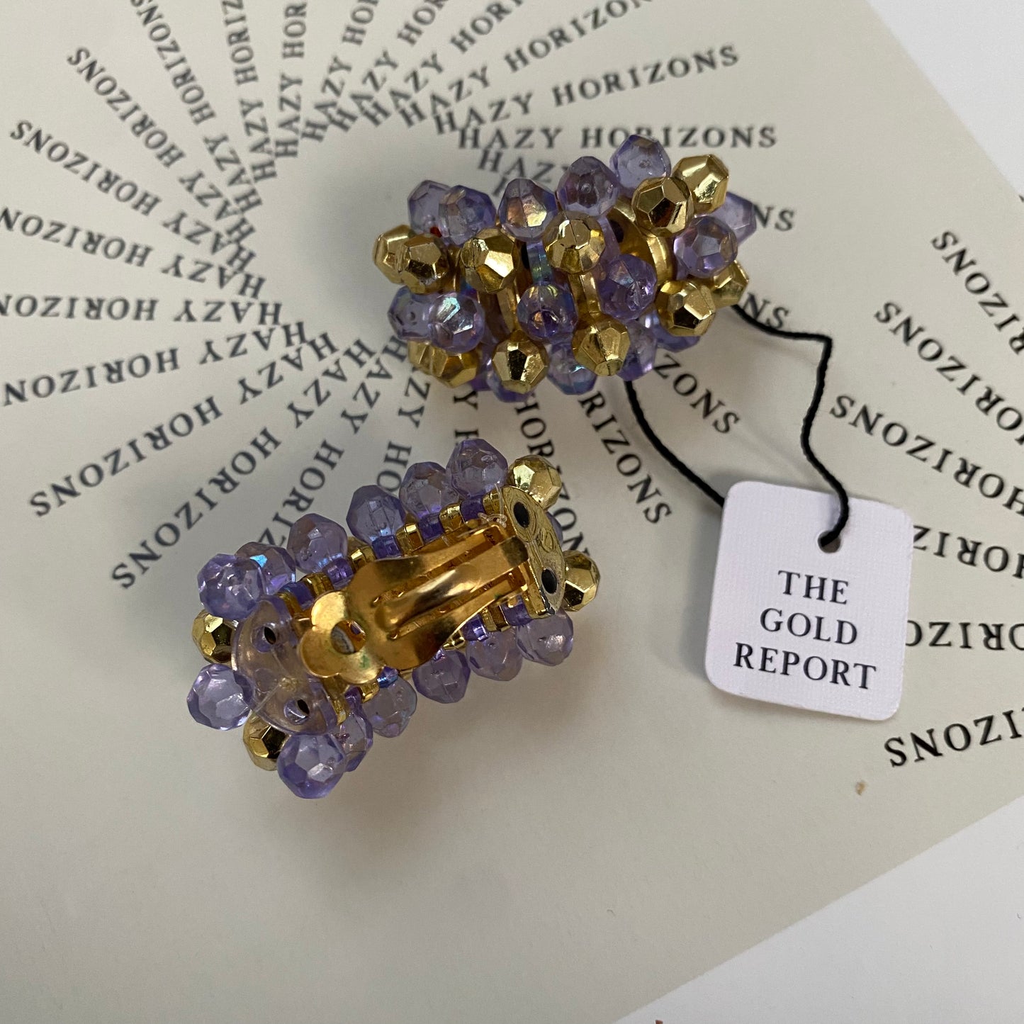 Vintage purple and gold tone beaded clip-on half hoops earrings