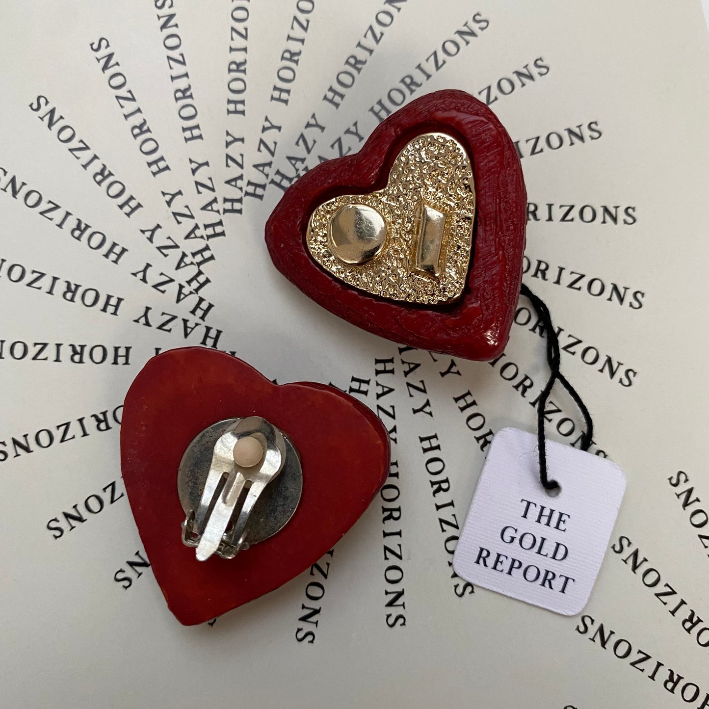 Vintage metal gold tone and red heart clip-on earrings
