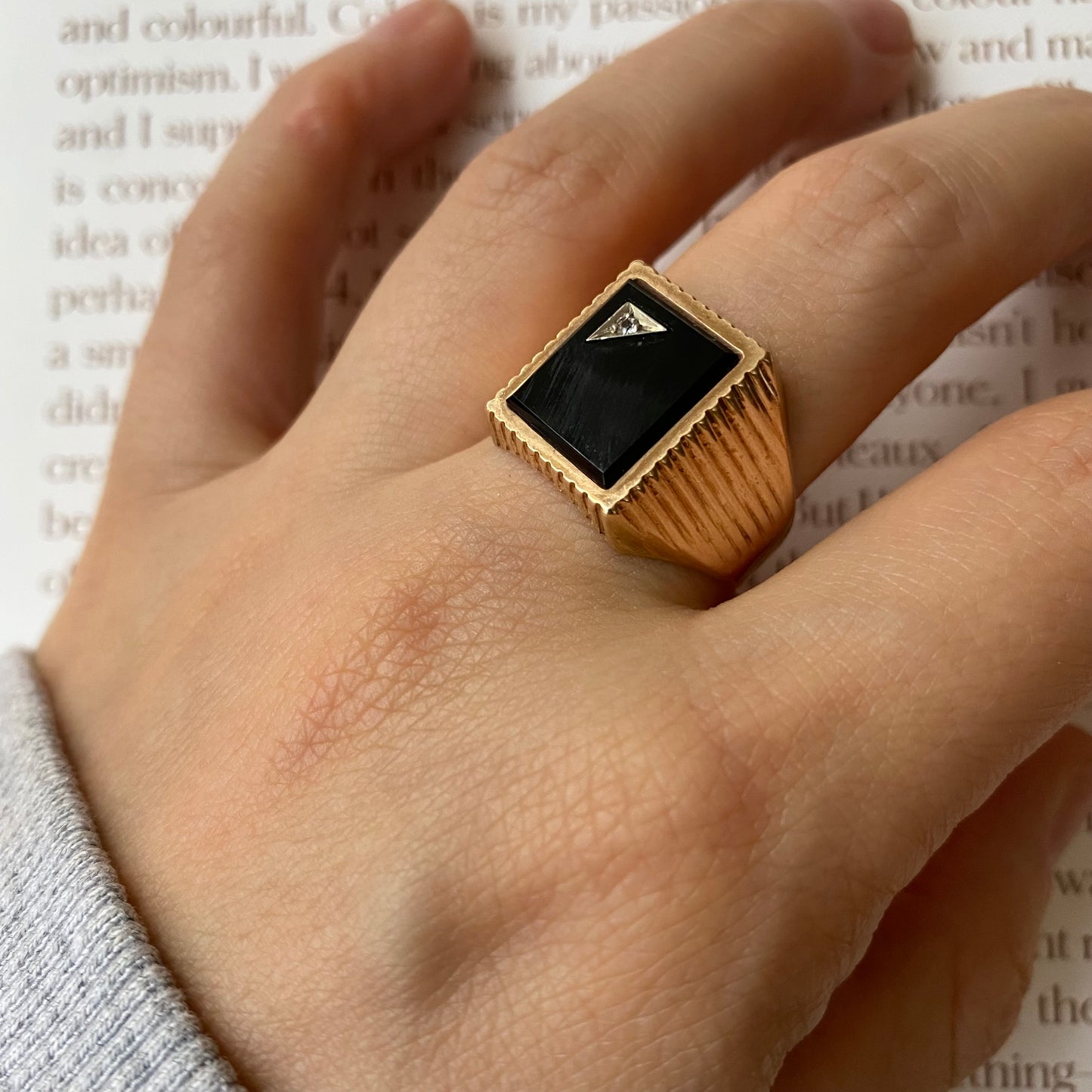 9 carat bold onyx signet ring with small spinel
