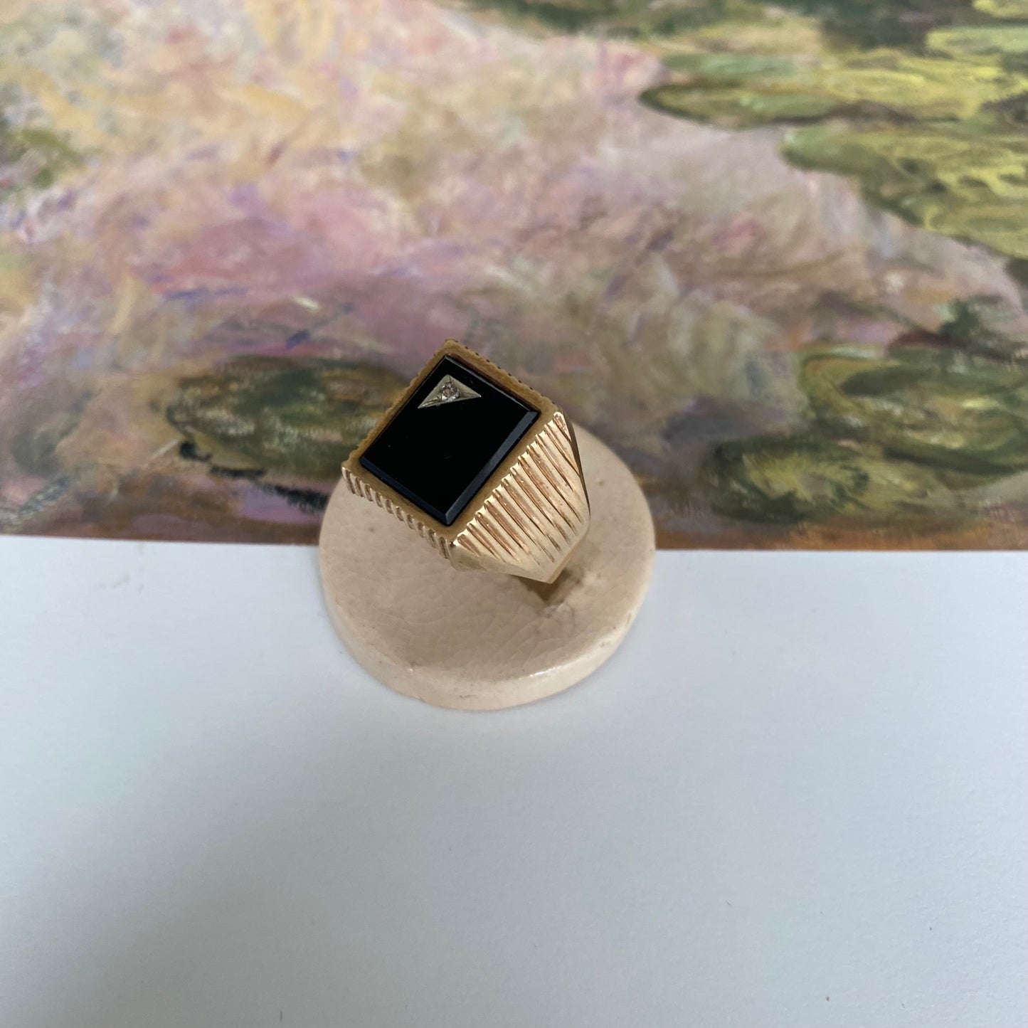 9 carat bold onyx signet ring with small spinel