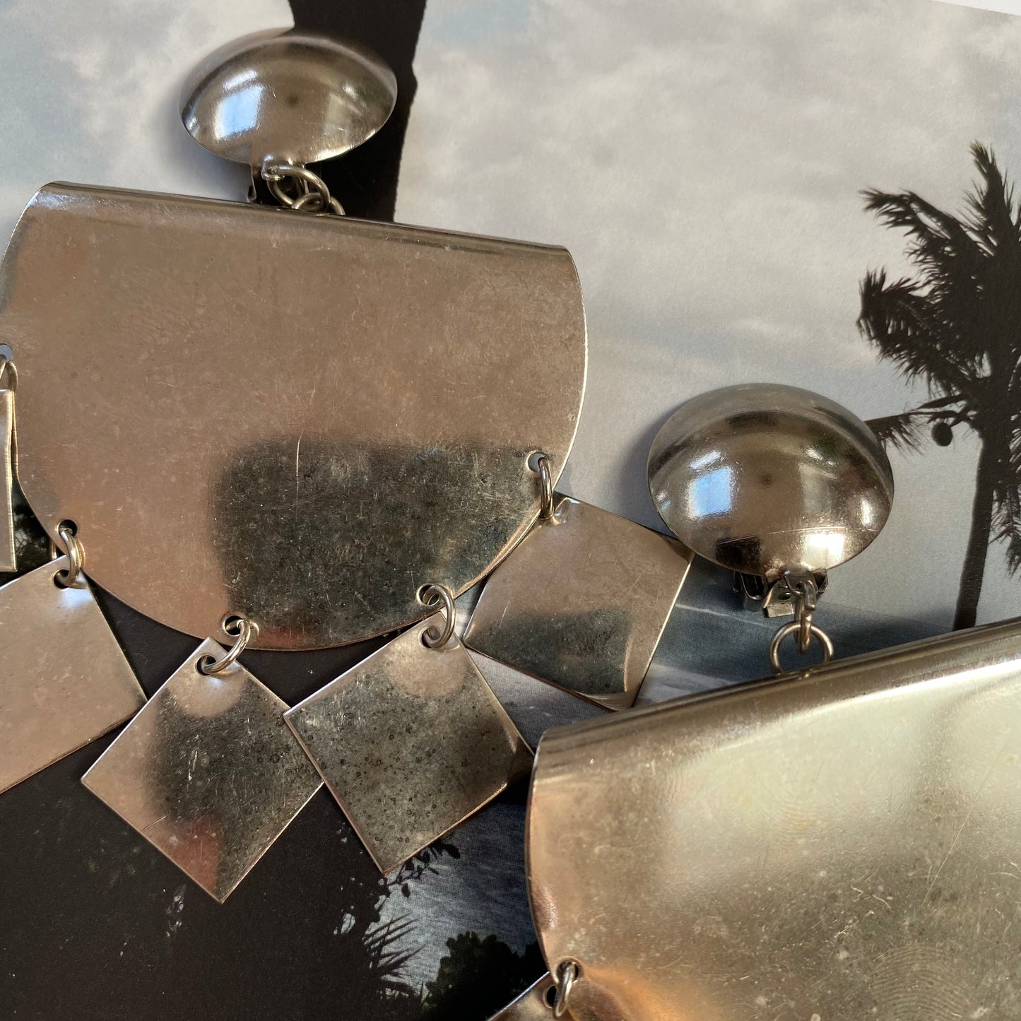 Vintage silver tone big modern dangling clip on earrings