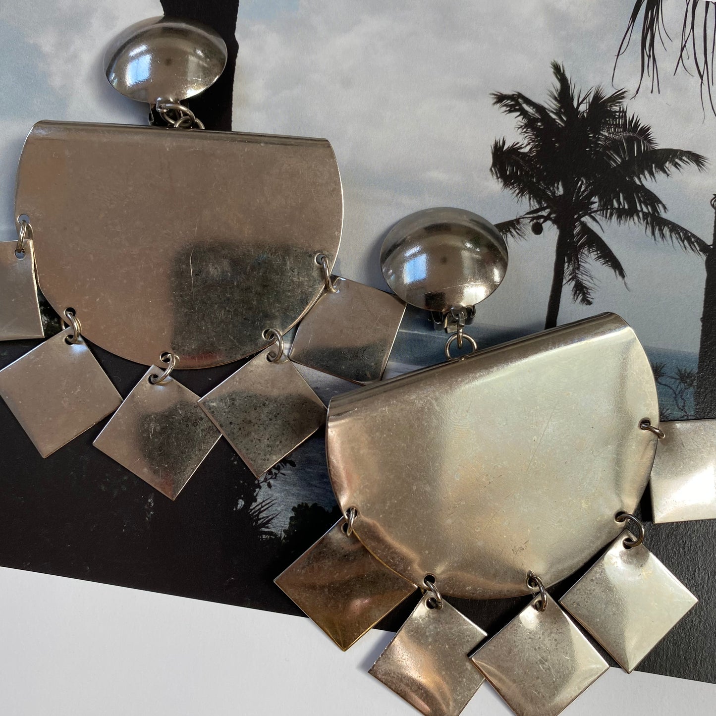 Vintage silver tone big modern dangling clip on earrings