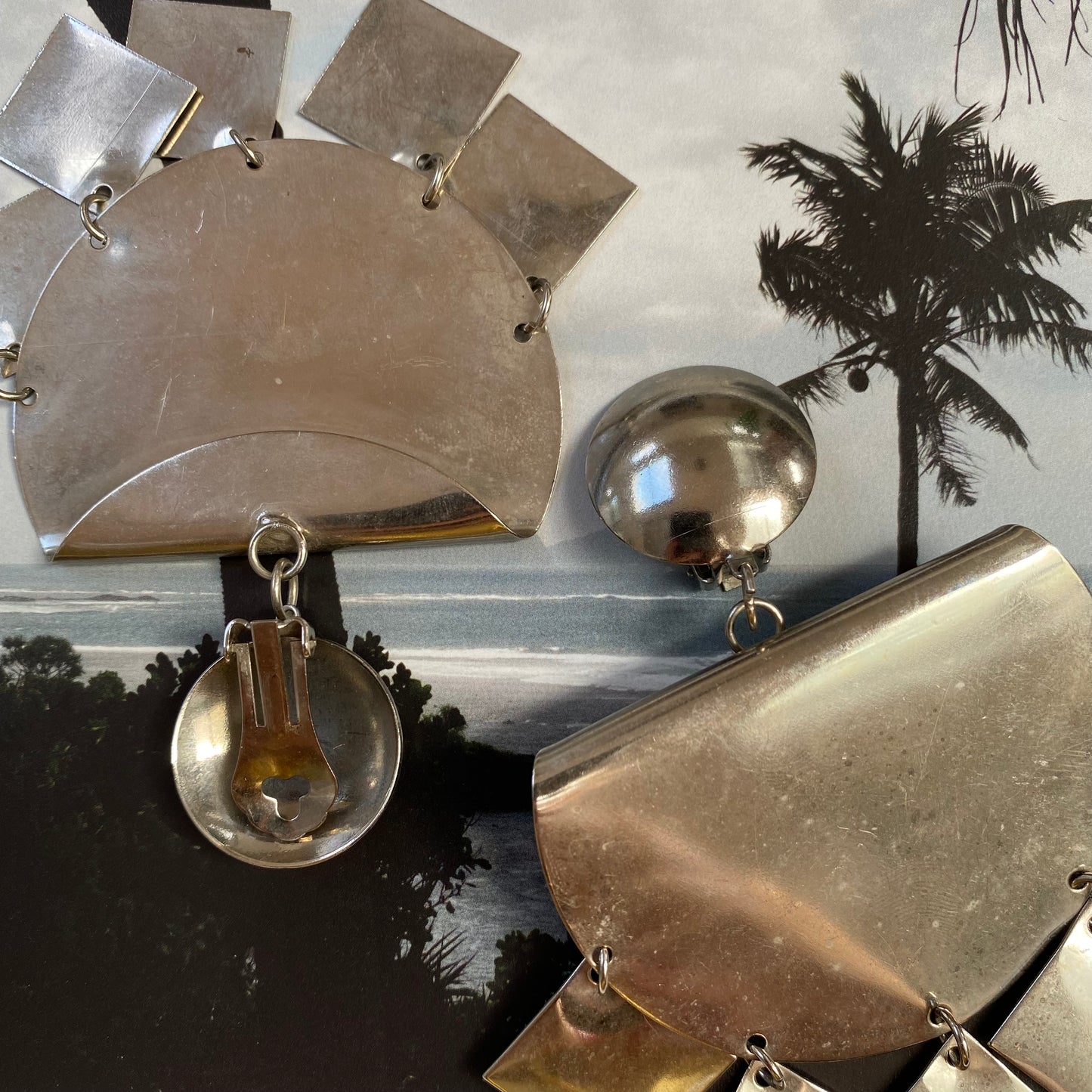 Vintage silver tone big modern dangling clip on earrings