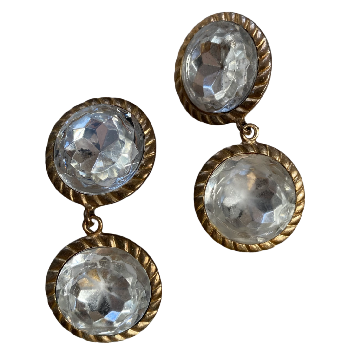 Vintage gold tone 2 big dangling strass clip on earrings