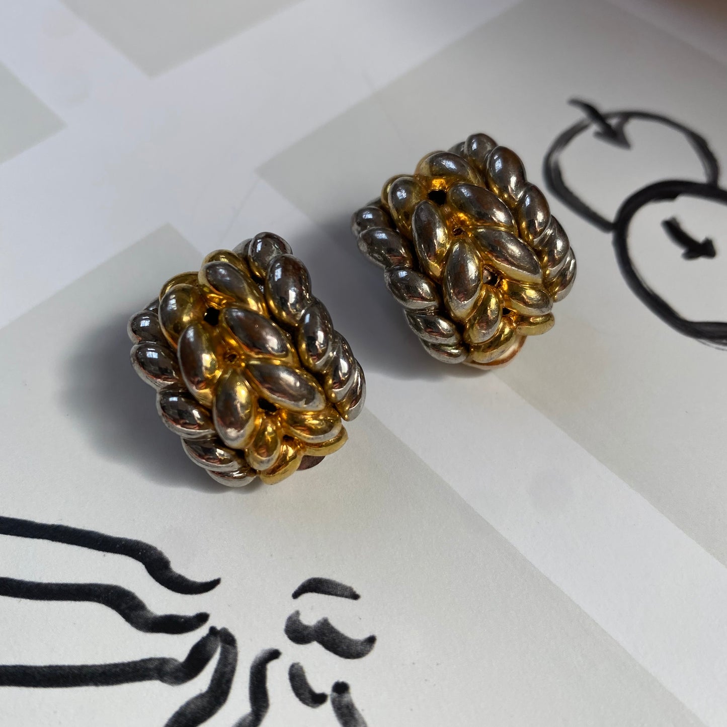 Vintage gold and silver braid tone clip on earrings