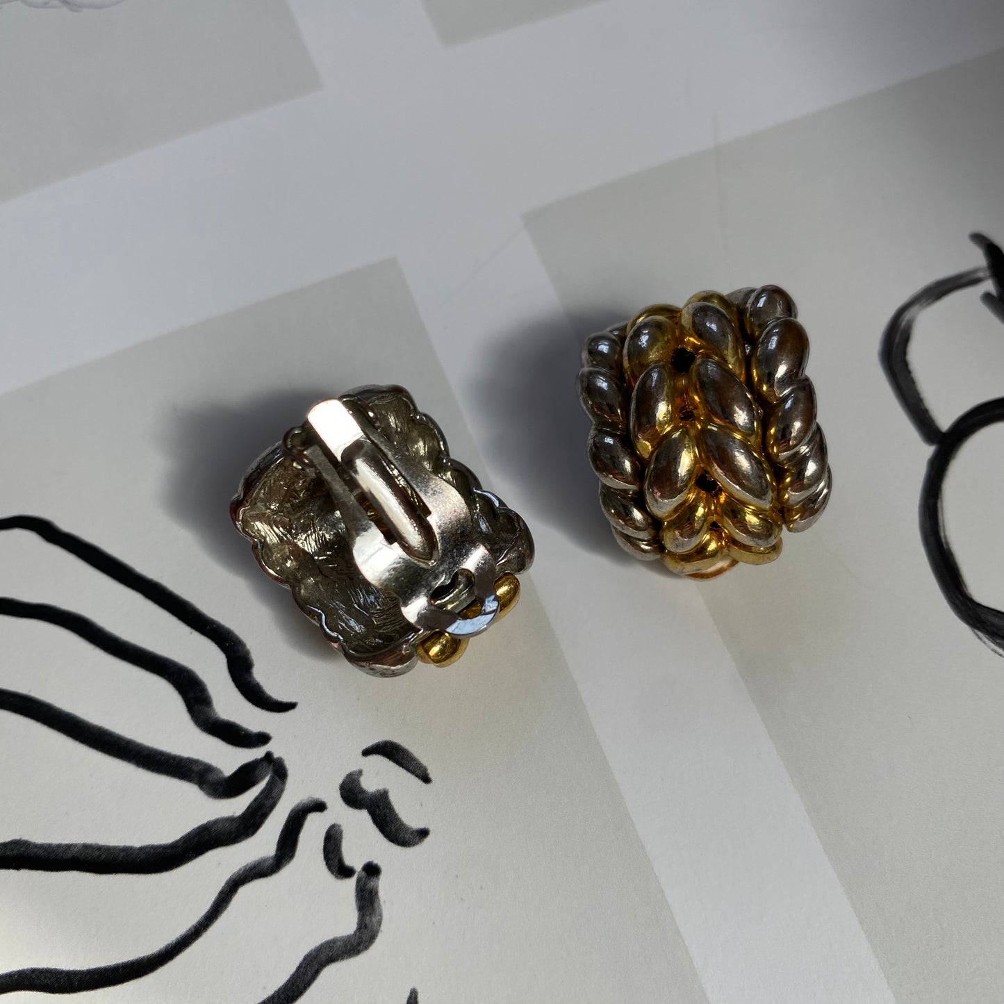 Vintage gold and silver braid tone clip on earrings