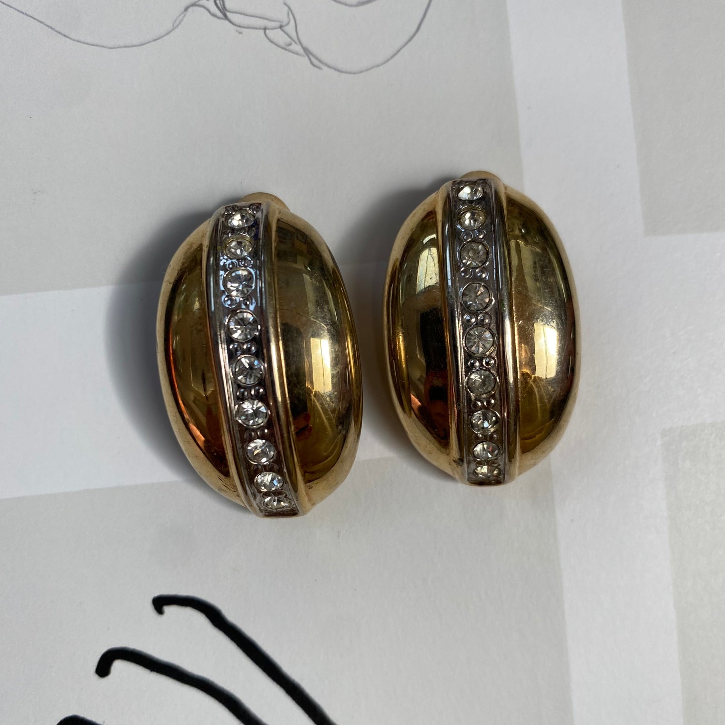 Vintage gold tone oval art deco strass clip on earrings