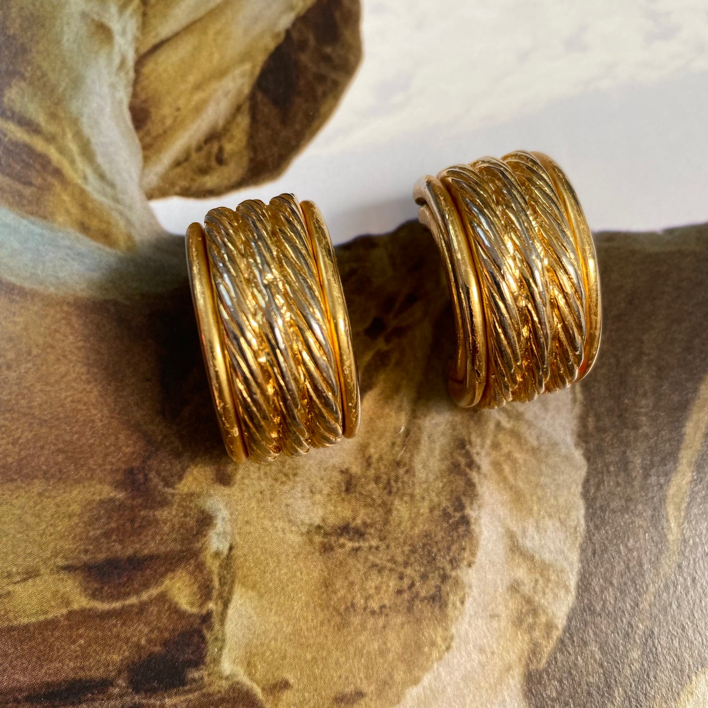 Vintage gold tone triple rope hoops clip on earrings