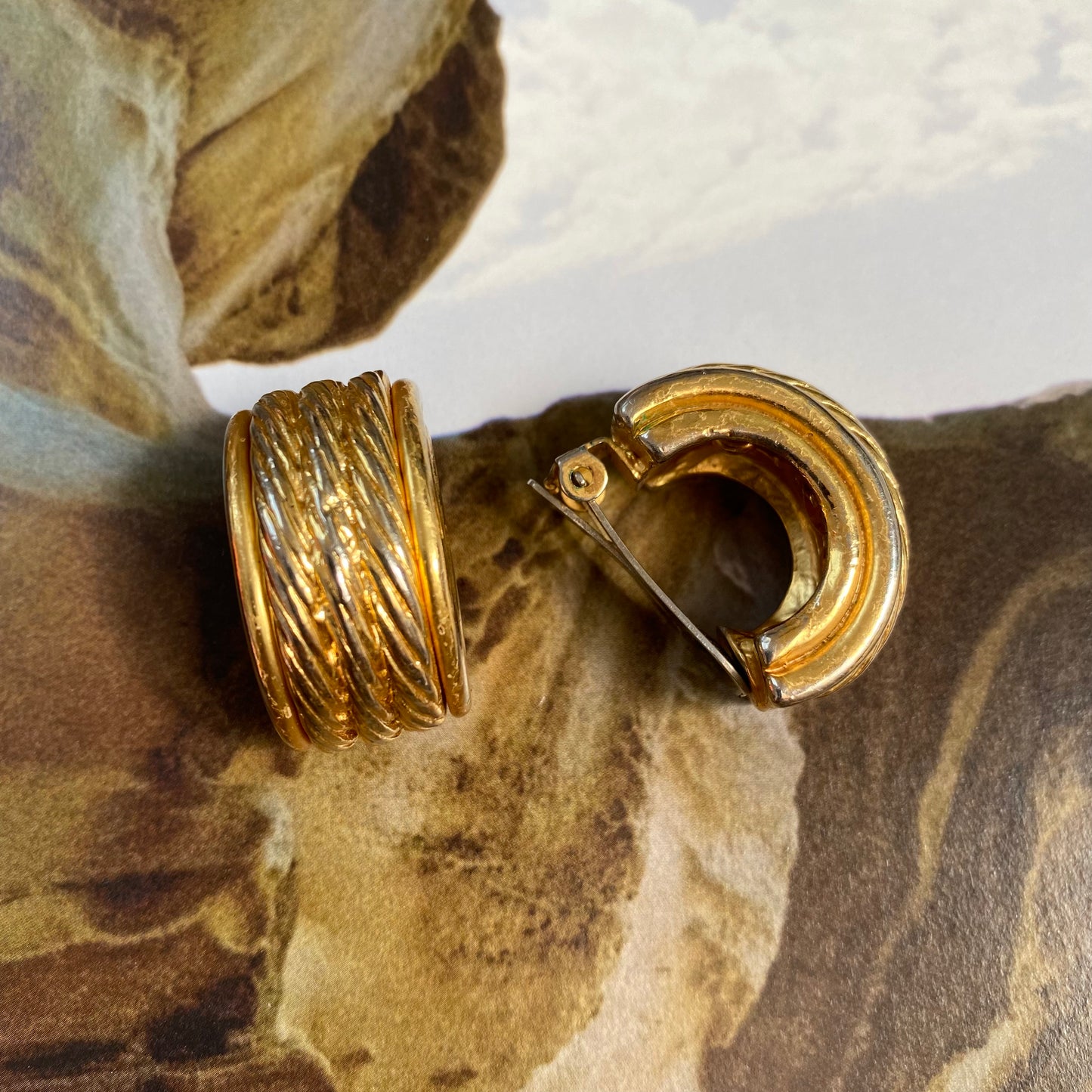 Vintage gold tone triple rope hoops clip on earrings