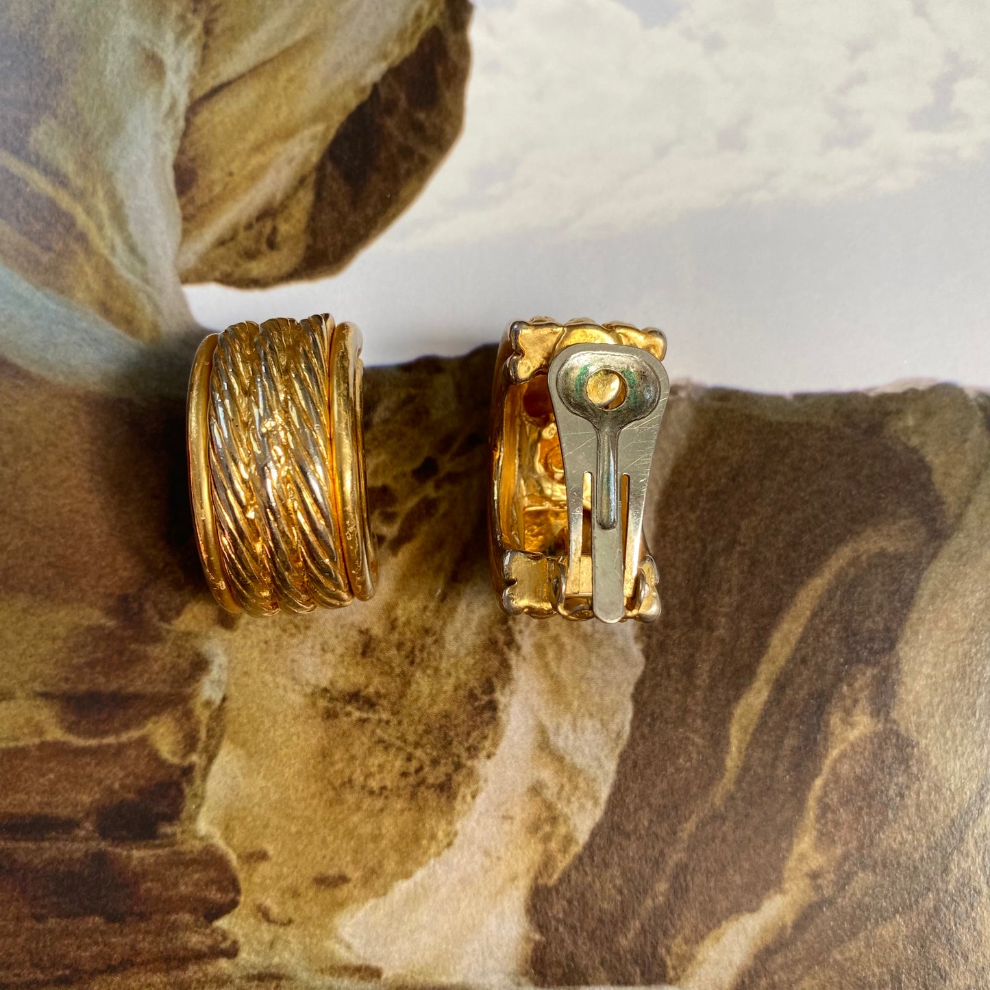 Vintage gold tone triple rope hoops clip on earrings
