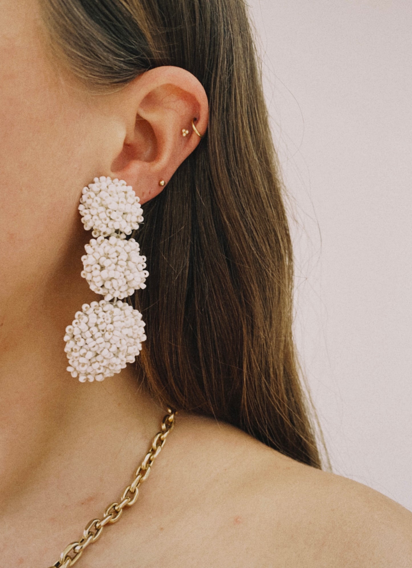 Vintage white beaded dangling dome clip on earrings