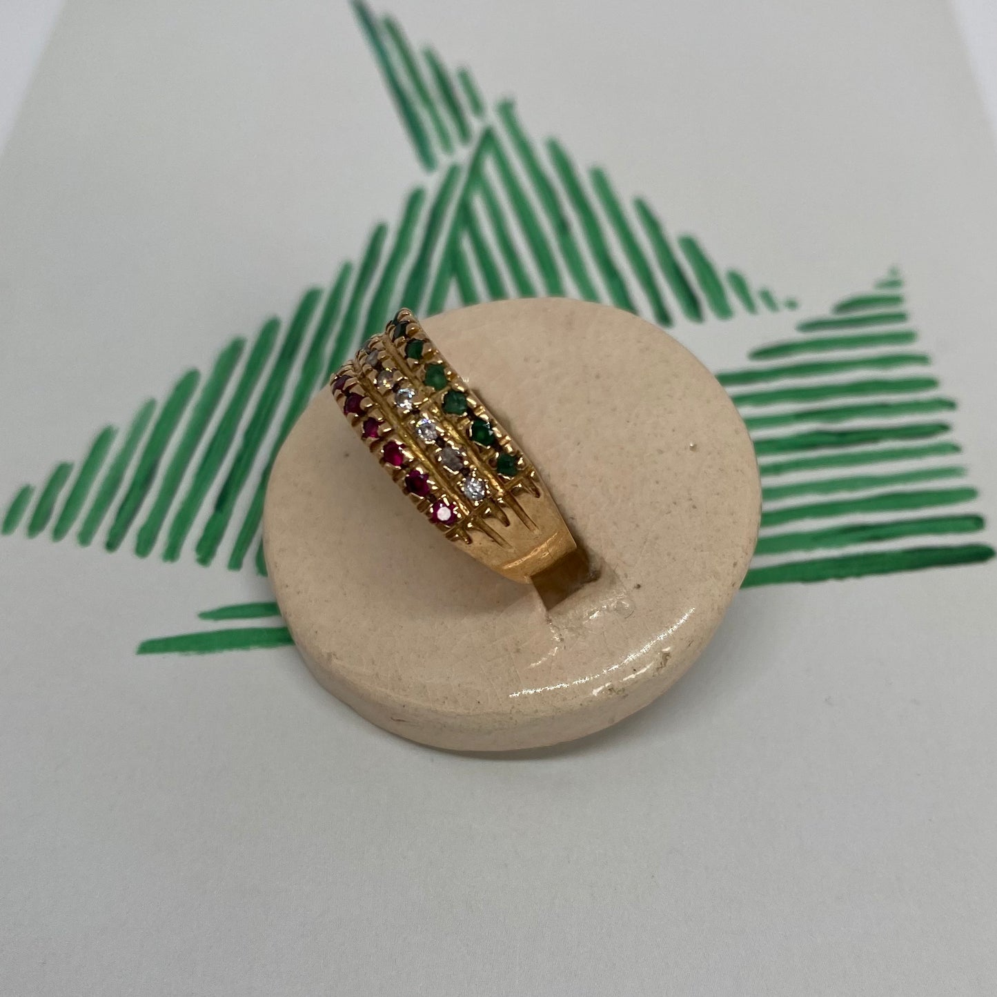 18 carat gold triple half eternity ring with ruby, diamond and emerald