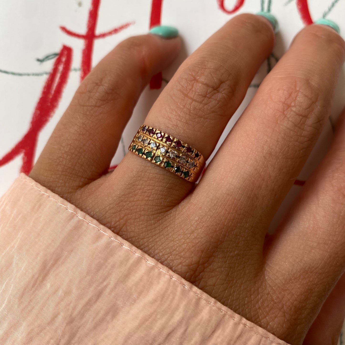 18 carat gold triple half eternity ring with ruby, diamond and emerald