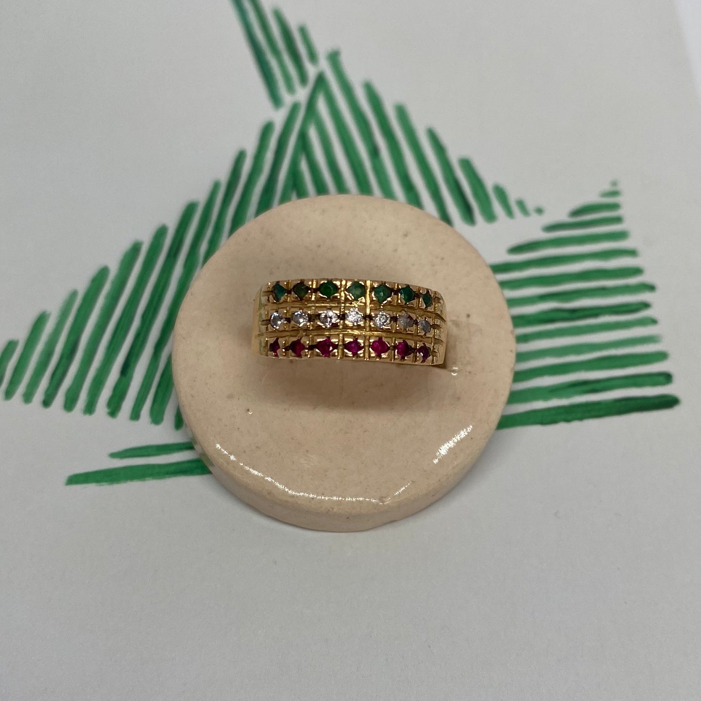 18 carat gold triple half eternity ring with ruby, diamond and emerald