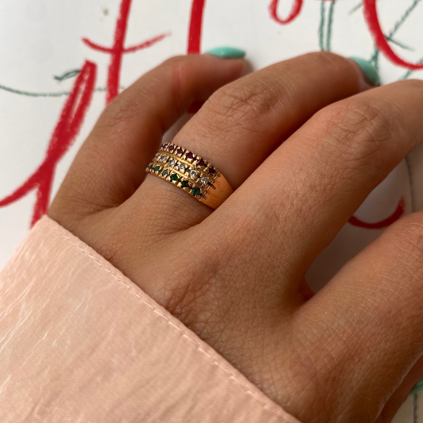 18 carat gold triple half eternity ring with ruby, diamond and emerald