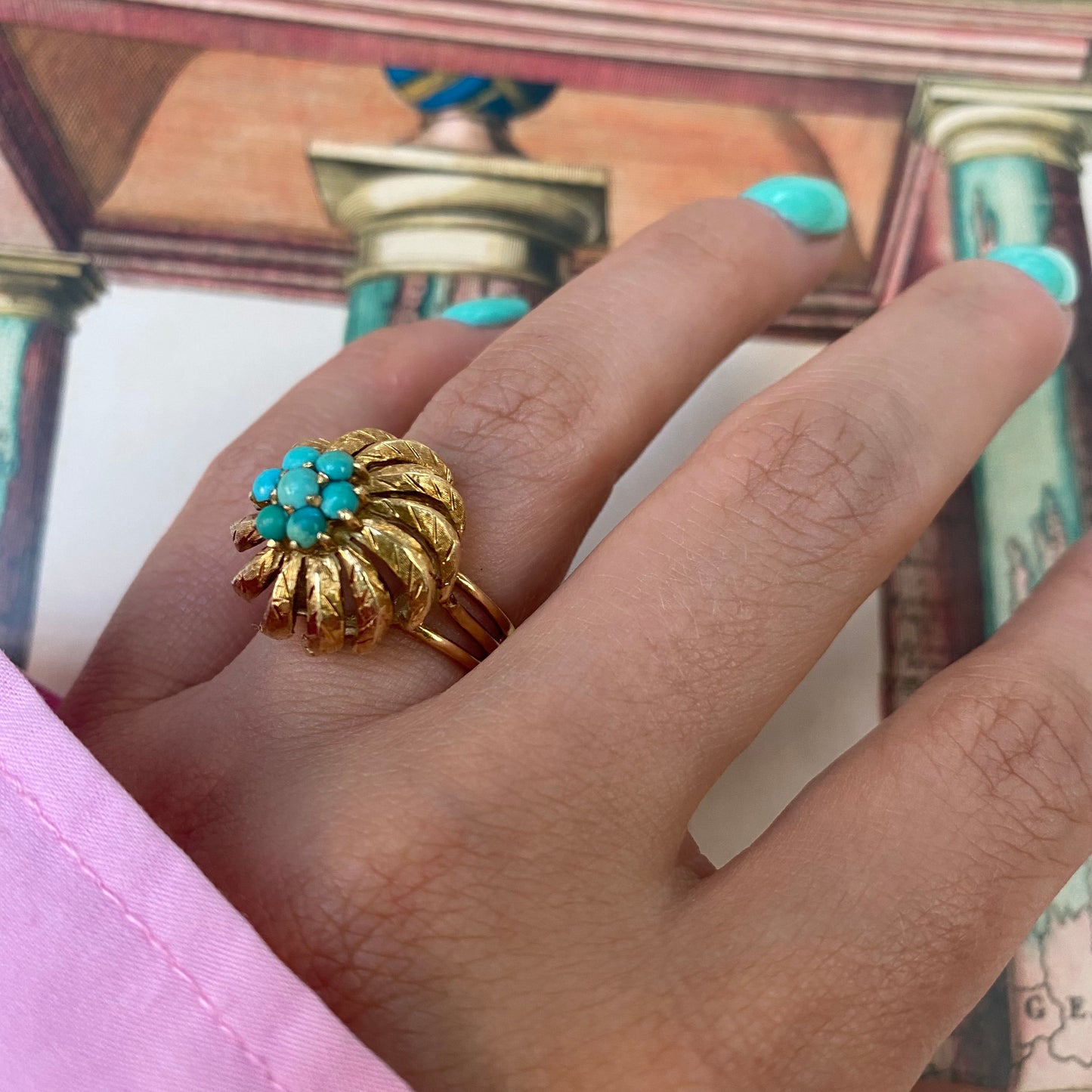 18 carat gold palm leaves and turquoise ring