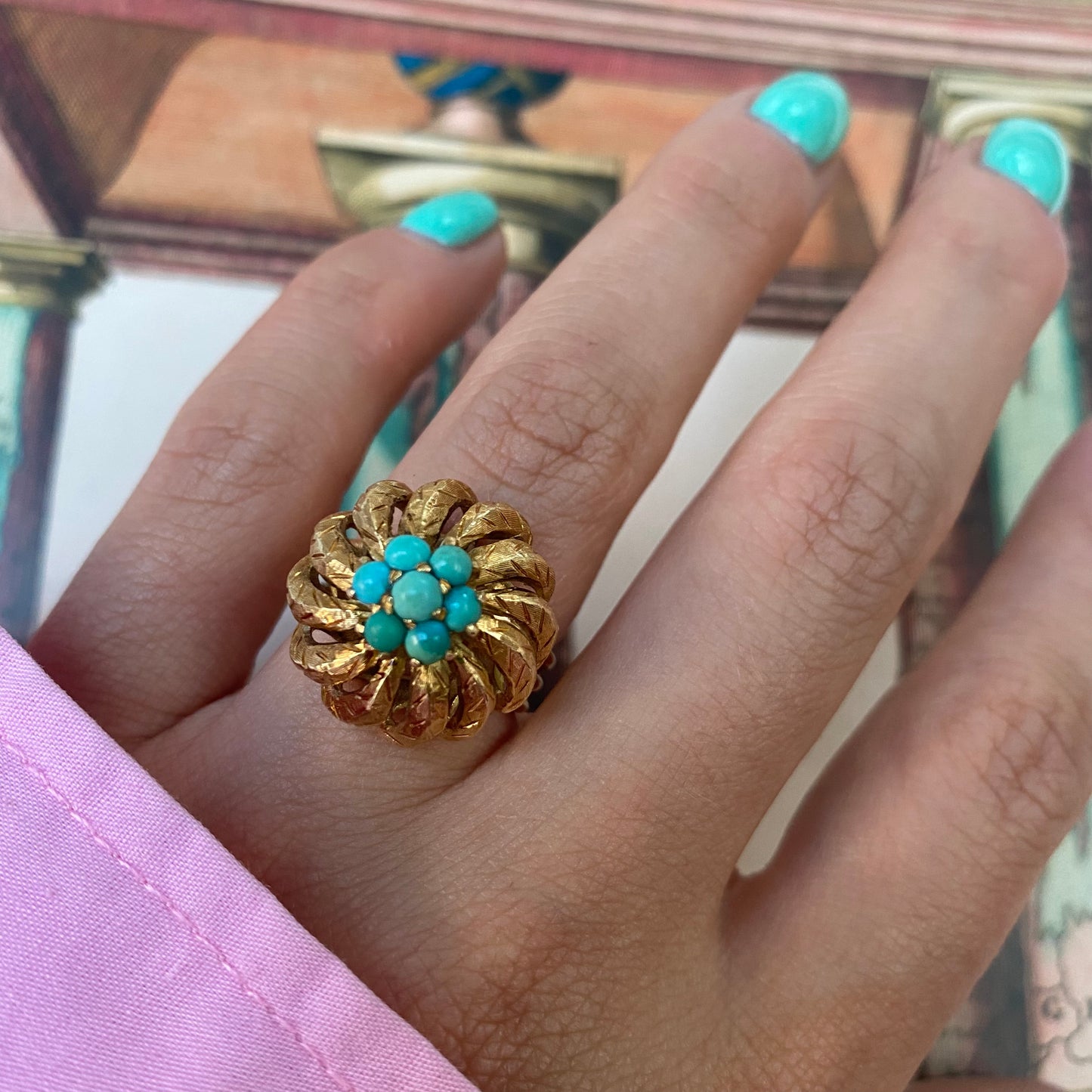 18 carat gold palm leaves and turquoise ring