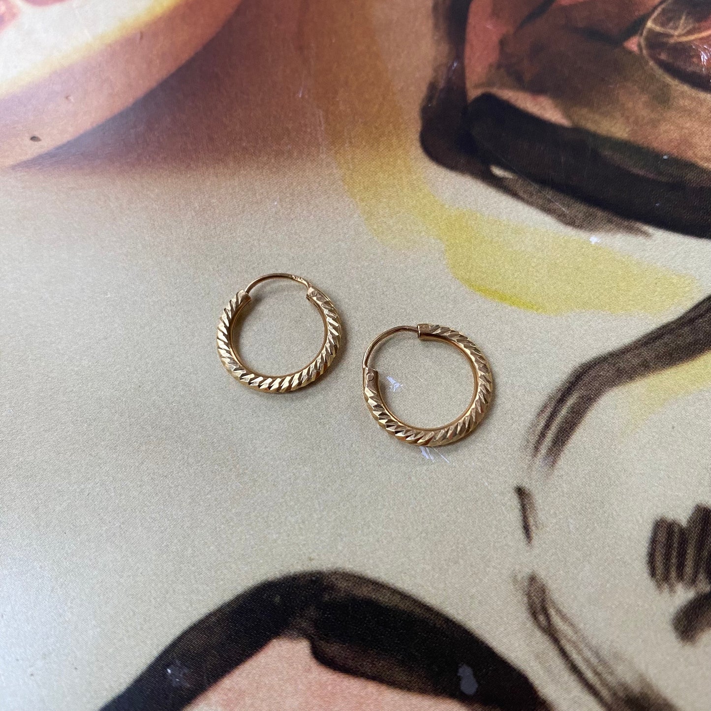 14 carat gold engraved hoops