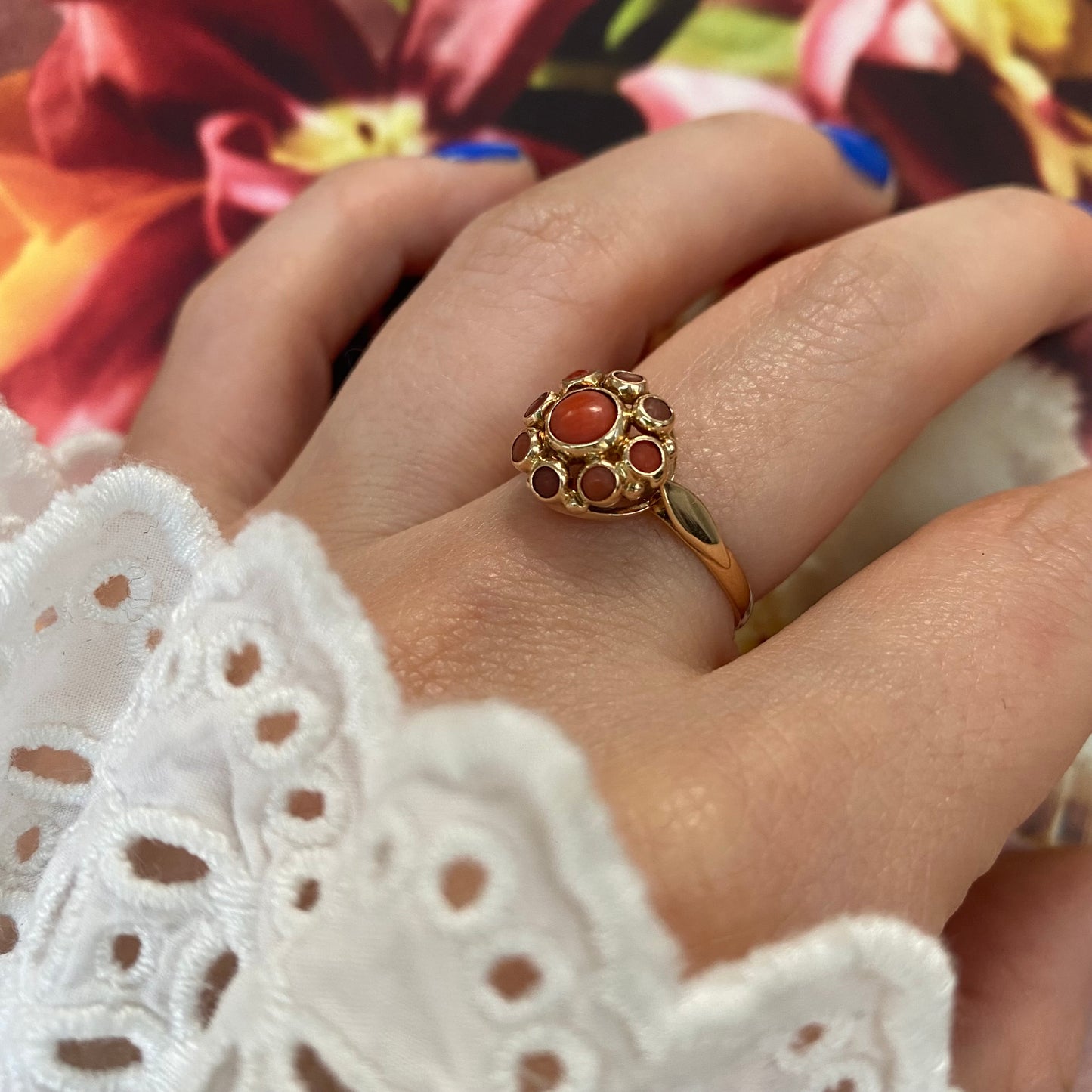 14 carat gold coral cluster ring