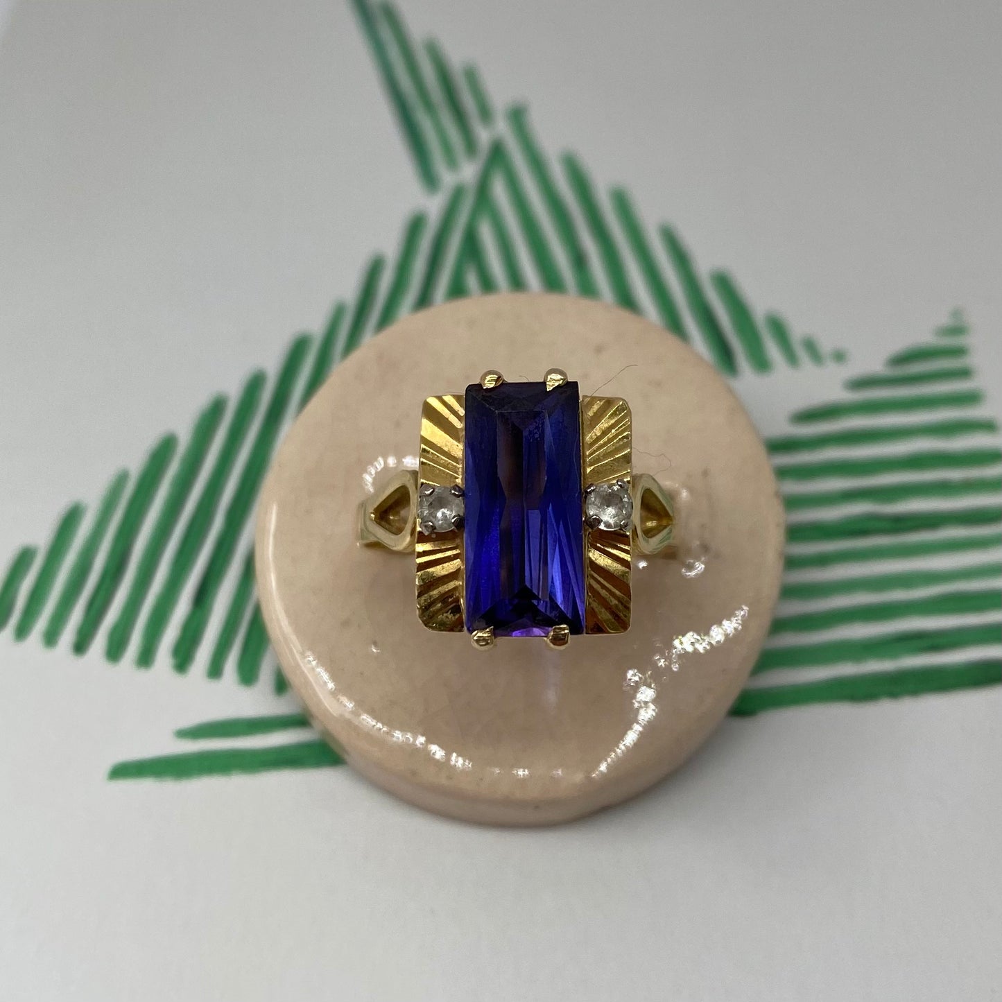 18 carat gold art deco style tanzanite and CZ ring
