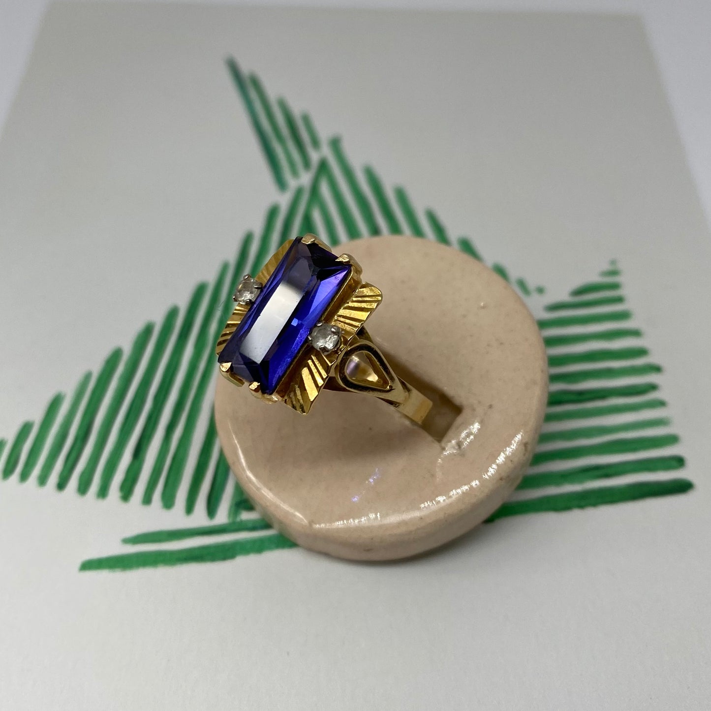 18 carat gold art deco style tanzanite and CZ ring