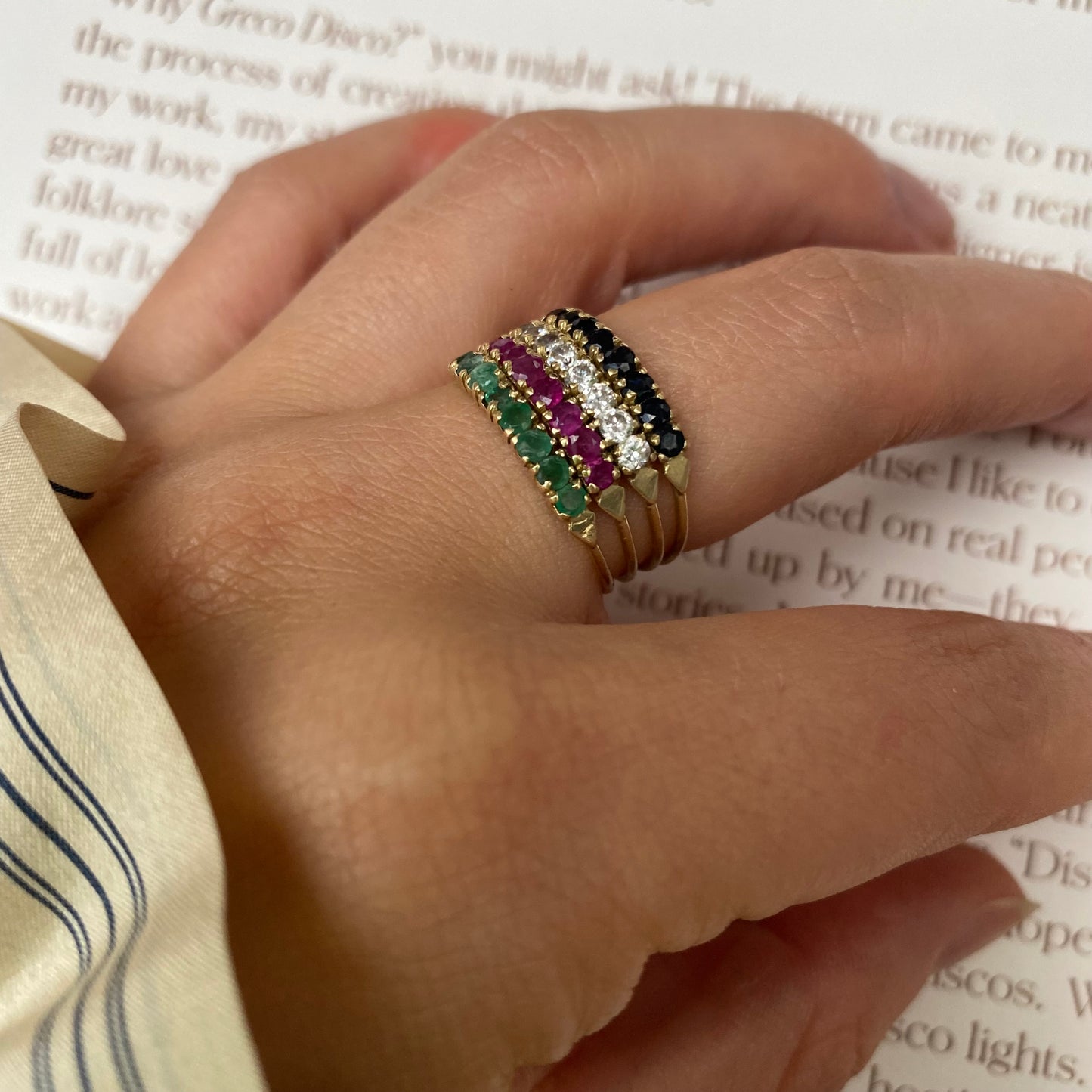 14 carat gold emerald ruby sapphire and zirkonia ring