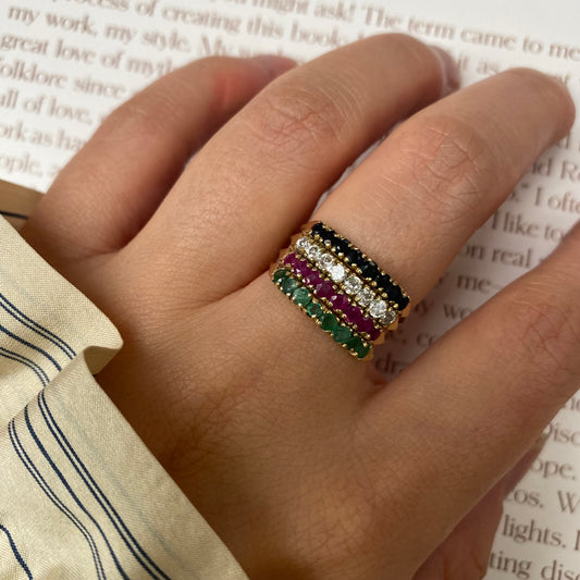 14 carat gold emerald ruby sapphire and zirkonia ring