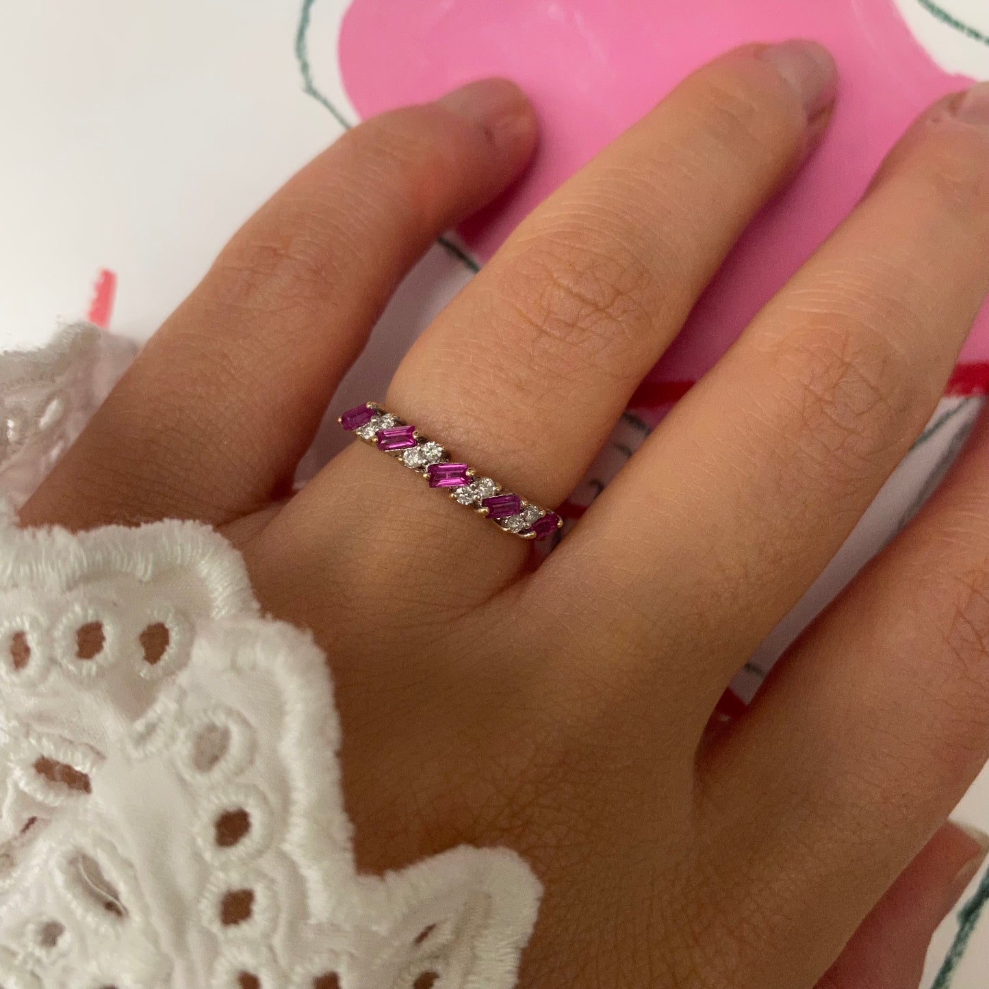 18 carat gold ruby and diamond half eternity ring