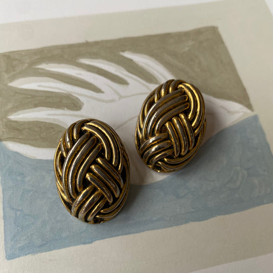 Vintage gold tone braided oval shape clip on earrings