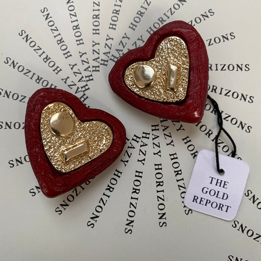 Vintage metal gold tone and red heart clip-on earrings