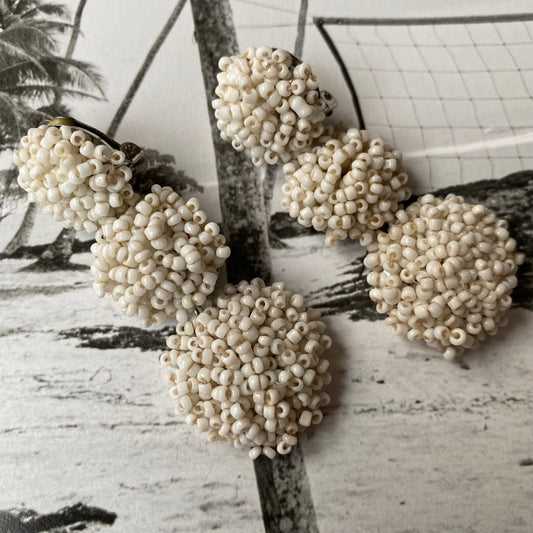 Vintage white beaded dangling dome clip on earrings