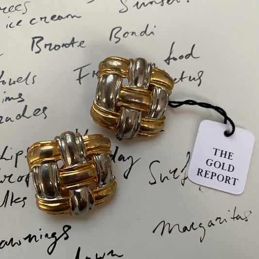 Vintage metal gold and silver tone basket weave clip-on earrings