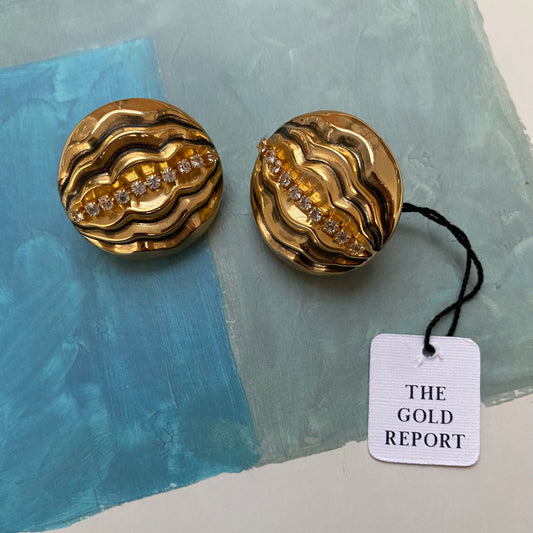 Vintage metal gold tone abstract flower with strass clip-on earrings