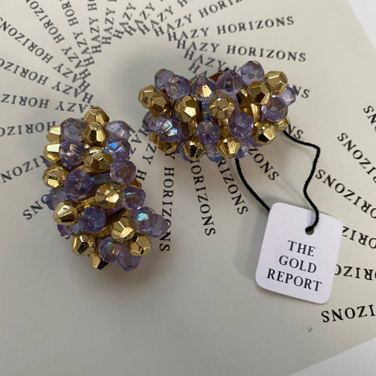 Vintage purple and gold tone beaded clip-on half hoops earrings