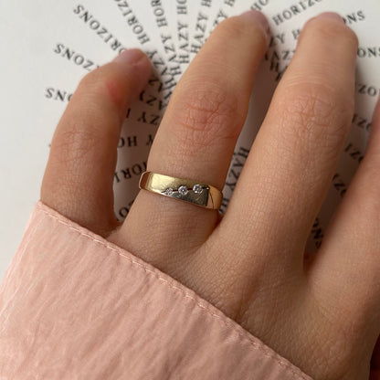 14 carat yellow and white gold signet band ring with triple diamond