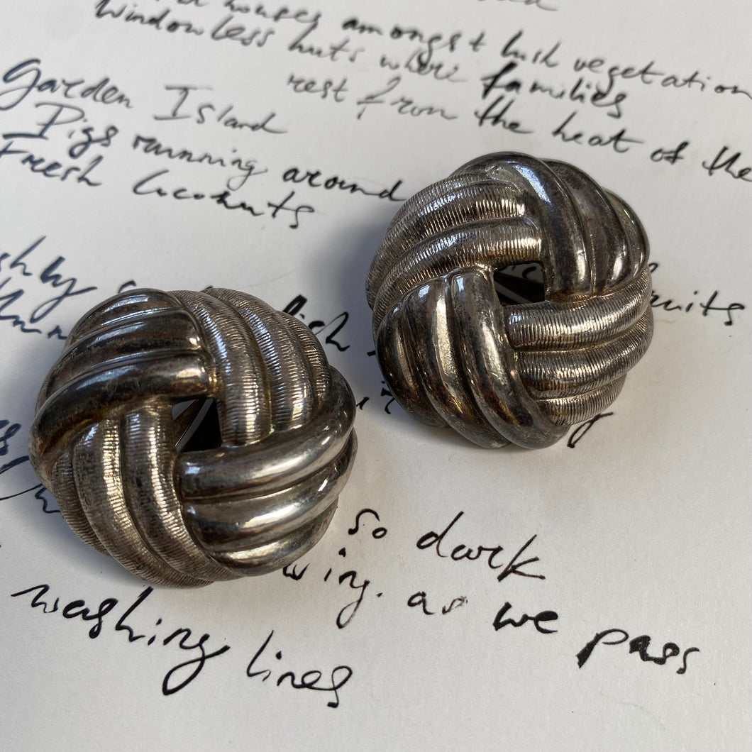 Vintage silver tone rope twist knot clip on earrings